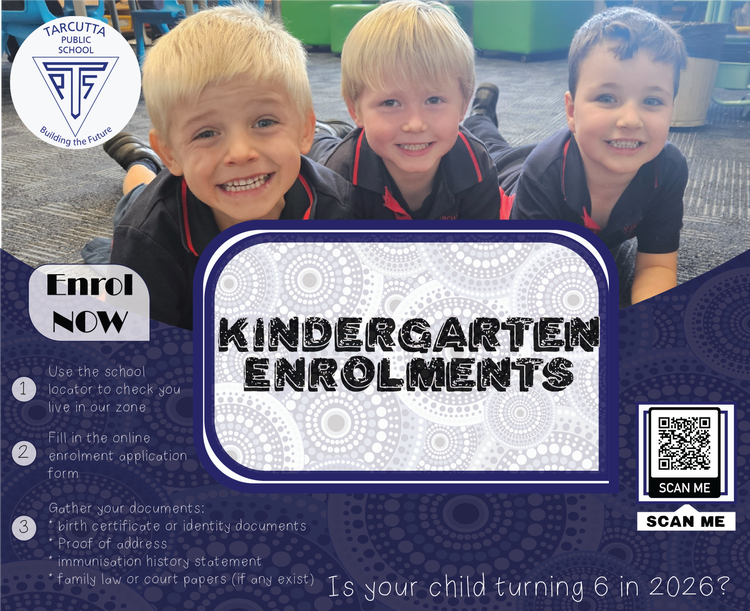 A promotional poster regarding enrolling children at Tarcutta PS. The photo has 3 students lying on the floor looking at the camera.