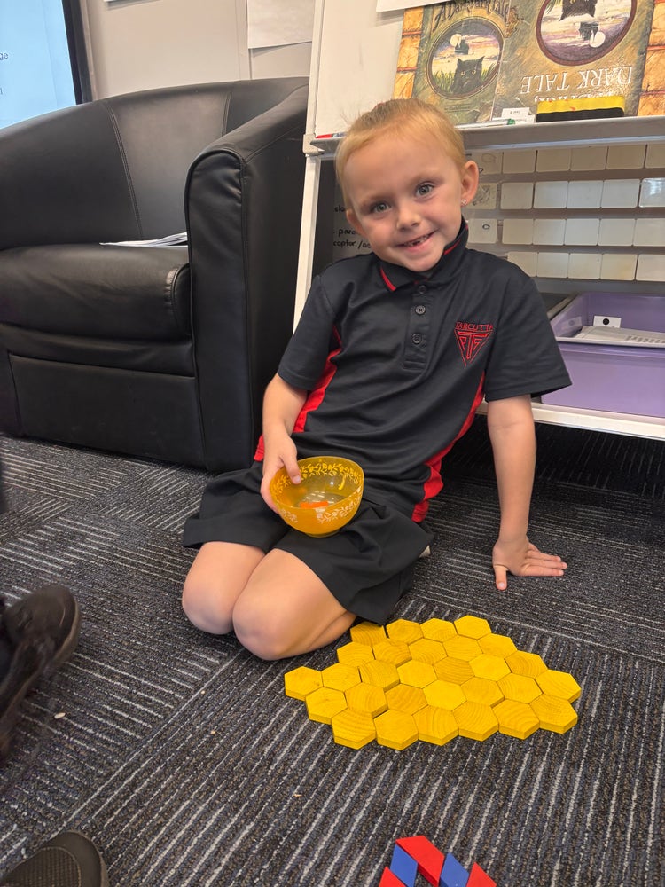 A student working with hexagons to make a pattern.