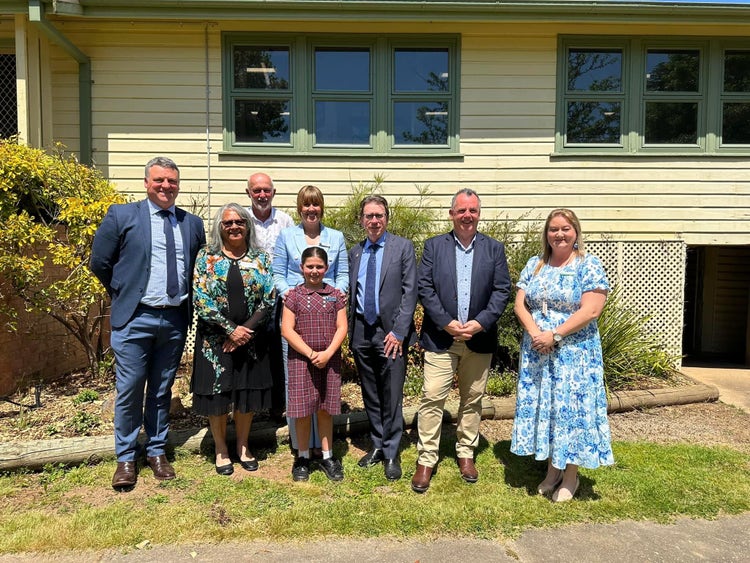 Celebrating our school's 150th Anniversary in 2023. The photo shows the school captain, previous and current school principals, school education director, Wagga Mayor, State MP Dr Joe McGirr.